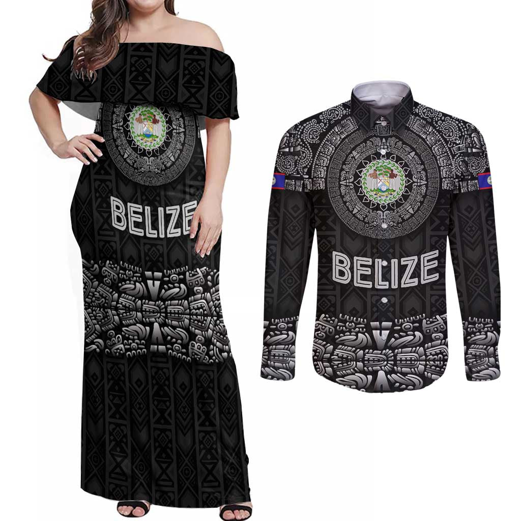 Belize Tribal Pattern Couples Matching Off Shoulder Maxi Dress and Long Sleeve Button Shirt with National Emblem and Mayan Pyramid Design