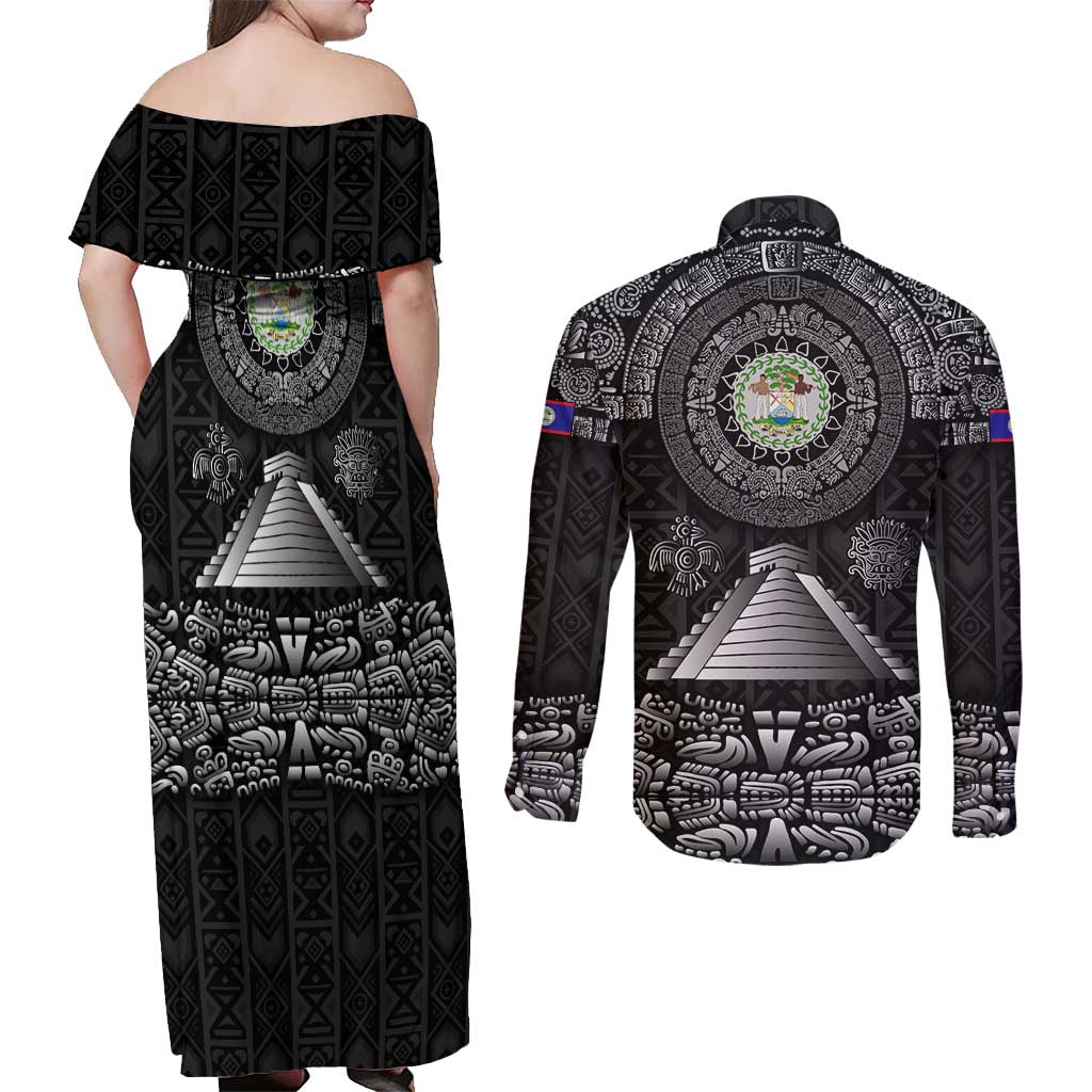 Belize Tribal Pattern Couples Matching Off Shoulder Maxi Dress and Long Sleeve Button Shirt with National Emblem and Mayan Pyramid Design