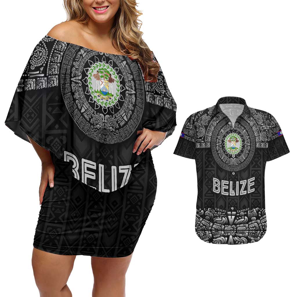 Belize Tribal Pattern Couples Matching Off Shoulder Short Dress and Hawaiian Shirt with National Emblem and Mayan Pyramid Design
