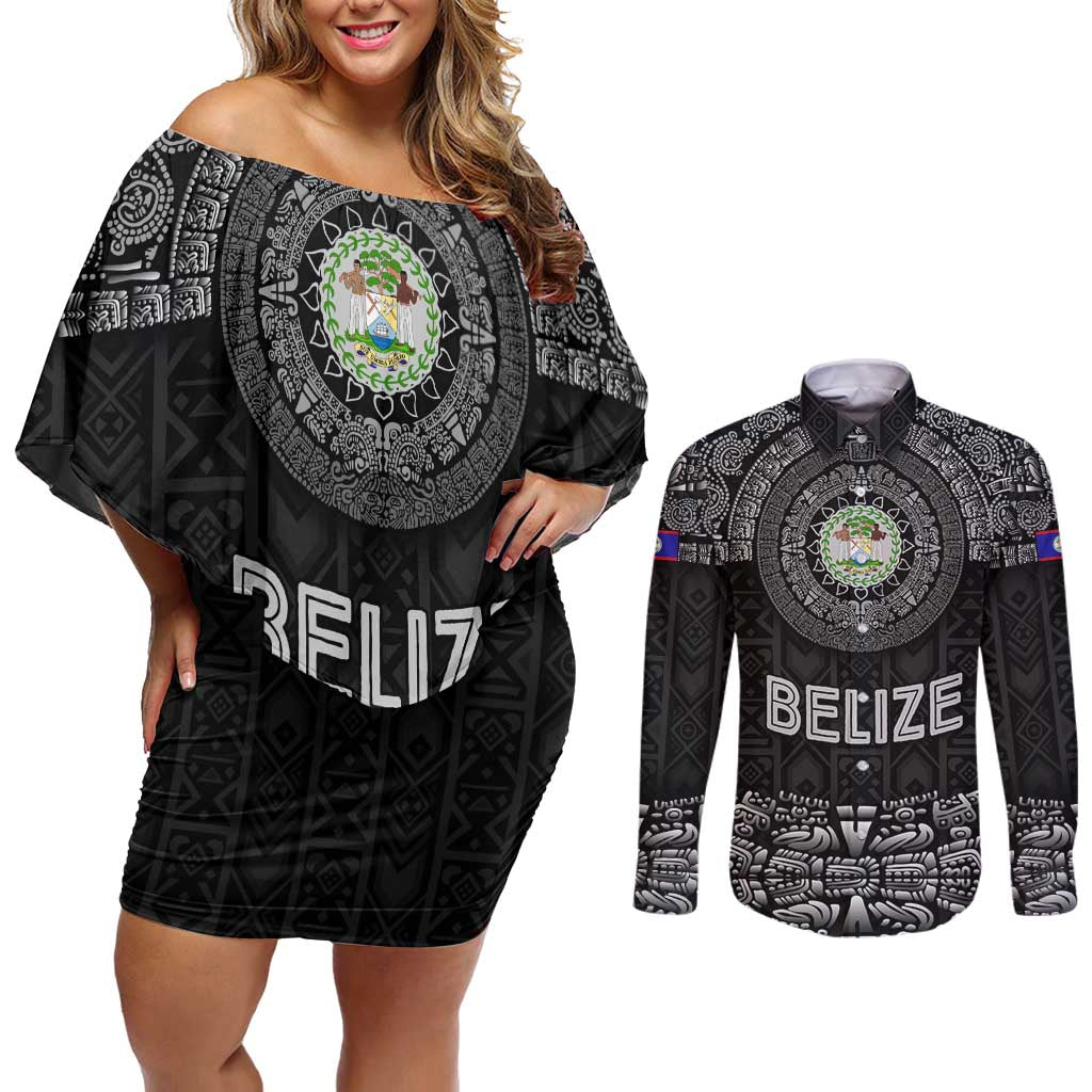 Belize Tribal Pattern Couples Matching Off Shoulder Short Dress and Long Sleeve Button Shirt with National Emblem and Mayan Pyramid Design