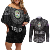 Belize Tribal Pattern Couples Matching Off Shoulder Short Dress and Long Sleeve Button Shirt with National Emblem and Mayan Pyramid Design