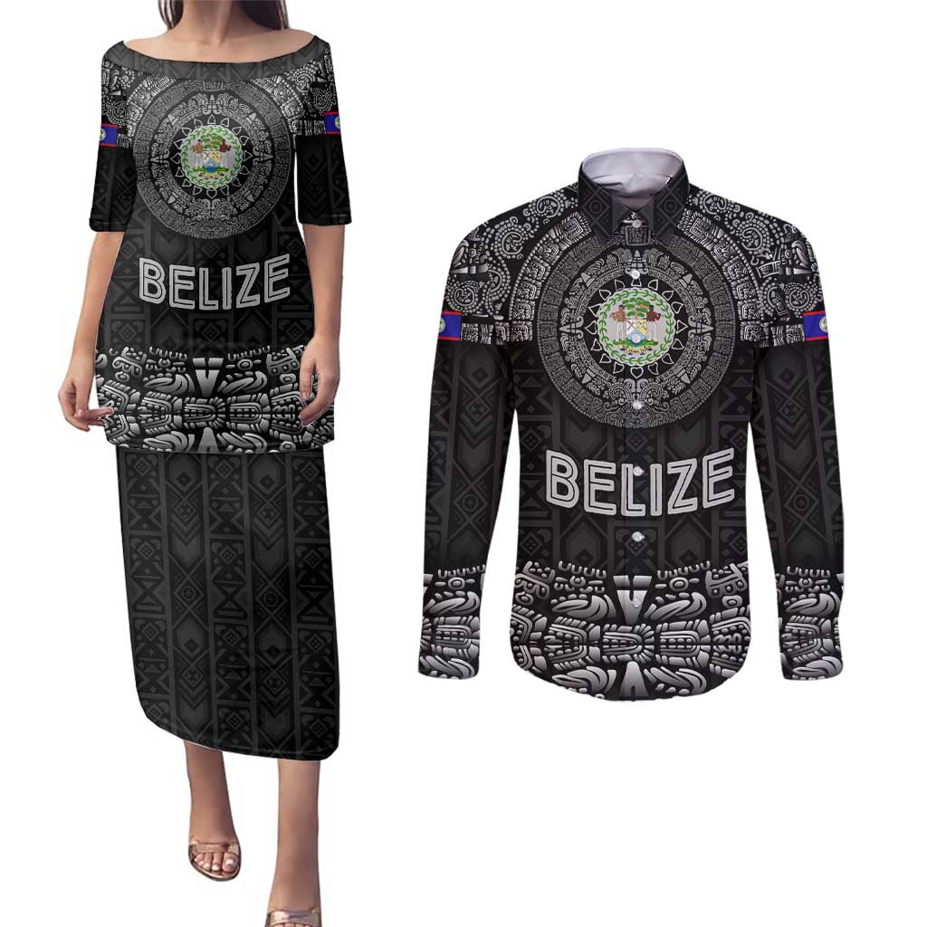 Belize Tribal Pattern Couples Matching Puletasi and Long Sleeve Button Shirt with National Emblem and Mayan Pyramid Design