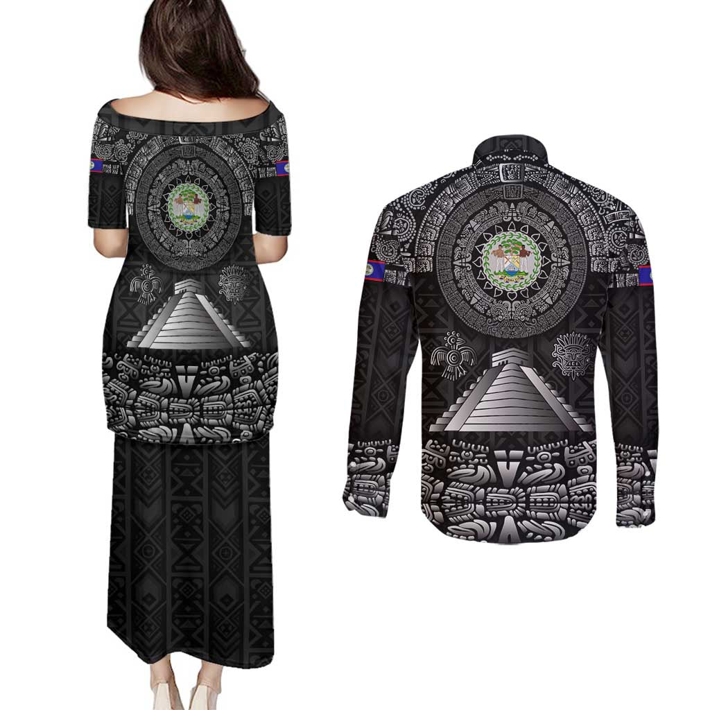 Belize Tribal Pattern Couples Matching Puletasi and Long Sleeve Button Shirt with National Emblem and Mayan Pyramid Design