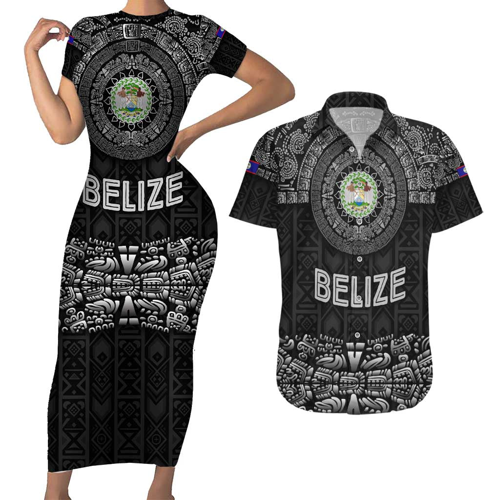 Belize Tribal Pattern Couples Matching Short Sleeve Bodycon Dress and Hawaiian Shirt with National Emblem and Mayan Pyramid Design