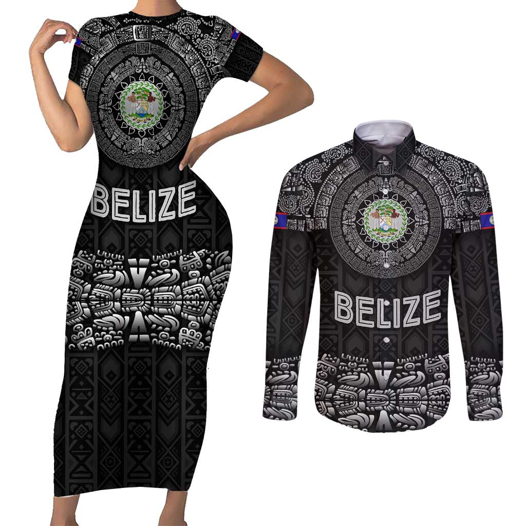 Belize Tribal Pattern Couples Matching Short Sleeve Bodycon Dress and Long Sleeve Button Shirt with National Emblem and Mayan Pyramid Design