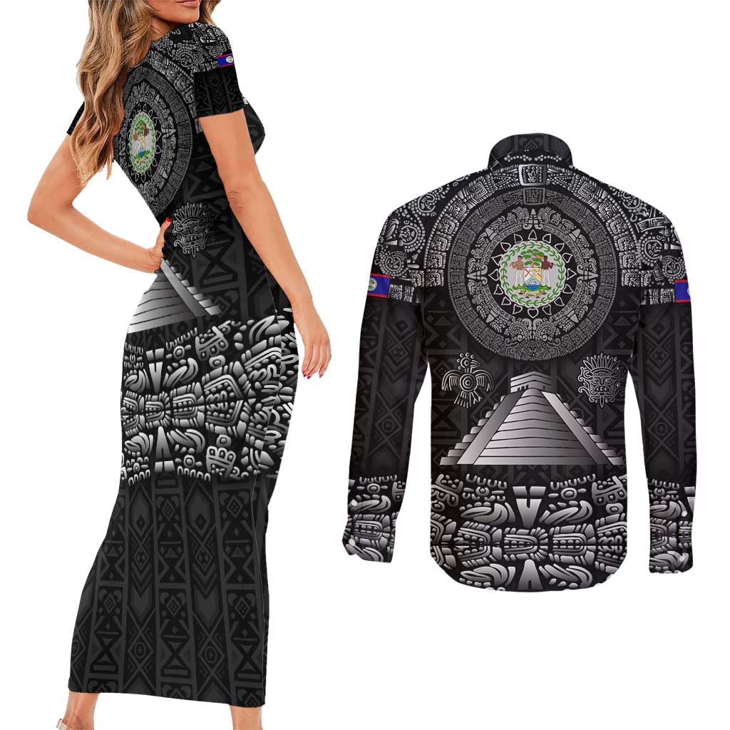 Belize Tribal Pattern Couples Matching Short Sleeve Bodycon Dress and Long Sleeve Button Shirt with National Emblem and Mayan Pyramid Design