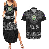 Belize Tribal Pattern Couples Matching Summer Maxi Dress and Hawaiian Shirt with National Emblem and Mayan Pyramid Design