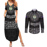 Belize Tribal Pattern Couples Matching Summer Maxi Dress and Long Sleeve Button Shirt with National Emblem and Mayan Pyramid Design