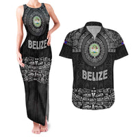 Belize Tribal Pattern Couples Matching Tank Maxi Dress and Hawaiian Shirt with National Emblem and Mayan Pyramid Design
