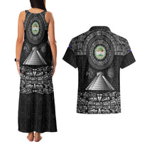 Belize Tribal Pattern Couples Matching Tank Maxi Dress and Hawaiian Shirt with National Emblem and Mayan Pyramid Design