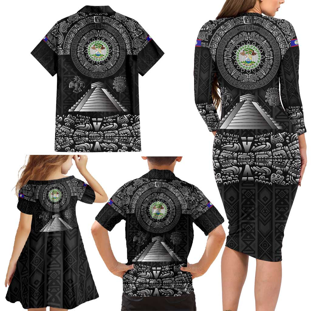 Belize Tribal Pattern Family Matching Long Sleeve Bodycon Dress and Hawaiian Shirt with National Emblem and Mayan Pyramid Design