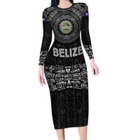 Belize Tribal Pattern Family Matching Long Sleeve Bodycon Dress and Hawaiian Shirt with National Emblem and Mayan Pyramid Design