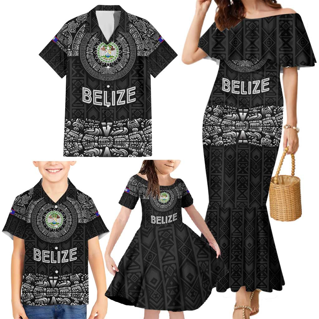 Belize Tribal Pattern Family Matching Mermaid Dress and Hawaiian Shirt with National Emblem and Mayan Pyramid Design