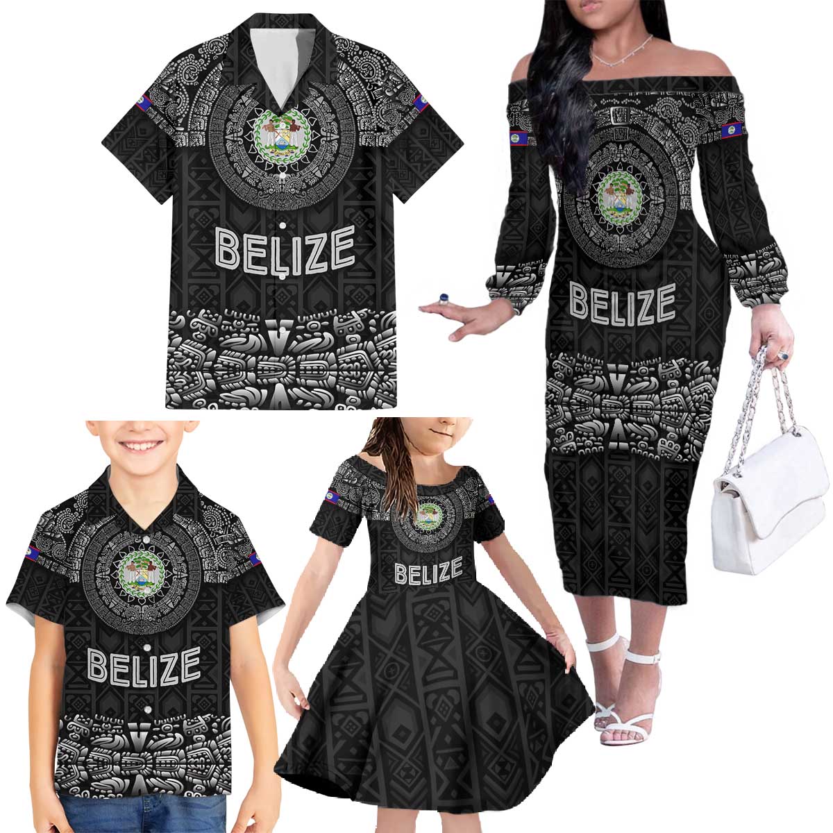 Belize Tribal Pattern Family Matching Off The Shoulder Long Sleeve Dress and Hawaiian Shirt with National Emblem and Mayan Pyramid Design