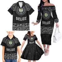 Belize Tribal Pattern Family Matching Off The Shoulder Long Sleeve Dress and Hawaiian Shirt with National Emblem and Mayan Pyramid Design