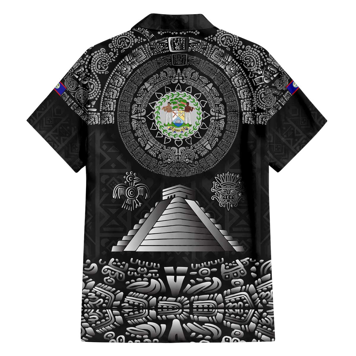 Belize Tribal Pattern Family Matching Off The Shoulder Long Sleeve Dress and Hawaiian Shirt with National Emblem and Mayan Pyramid Design