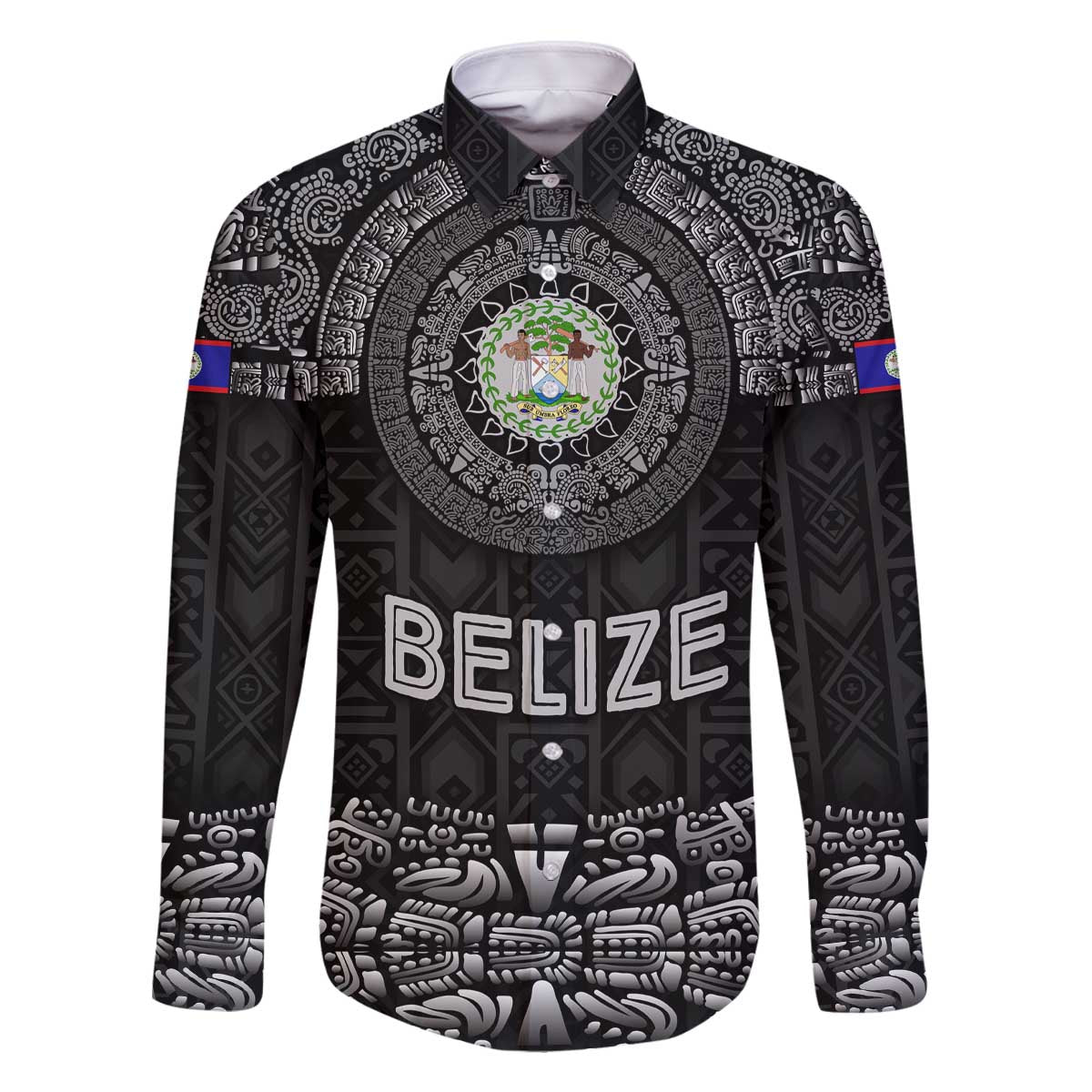 Belize Tribal Pattern Family Matching Off The Shoulder Long Sleeve Dress and Hawaiian Shirt with National Emblem and Mayan Pyramid Design