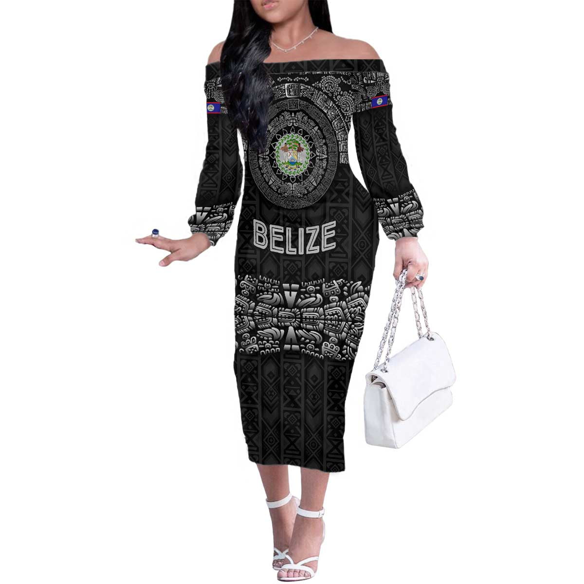 Belize Tribal Pattern Family Matching Off The Shoulder Long Sleeve Dress and Hawaiian Shirt with National Emblem and Mayan Pyramid Design
