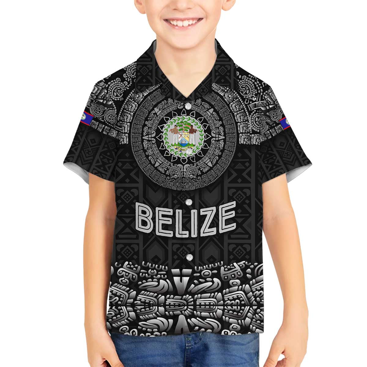 Belize Tribal Pattern Family Matching Off The Shoulder Long Sleeve Dress and Hawaiian Shirt with National Emblem and Mayan Pyramid Design