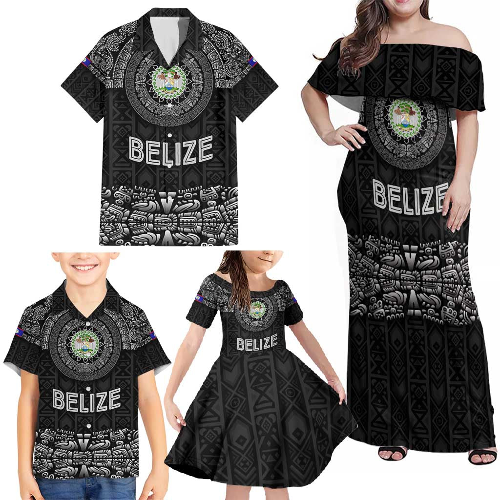 Belize Tribal Pattern Family Matching Off Shoulder Maxi Dress and Hawaiian Shirt with National Emblem and Mayan Pyramid Design