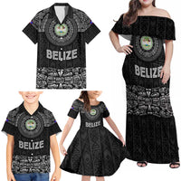 Belize Tribal Pattern Family Matching Off Shoulder Maxi Dress and Hawaiian Shirt with National Emblem and Mayan Pyramid Design