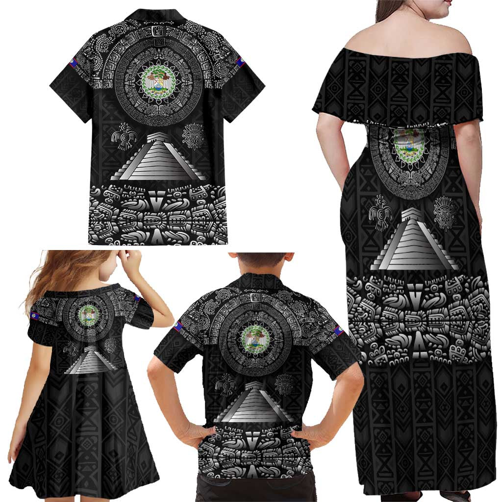 Belize Tribal Pattern Family Matching Off Shoulder Maxi Dress and Hawaiian Shirt with National Emblem and Mayan Pyramid Design