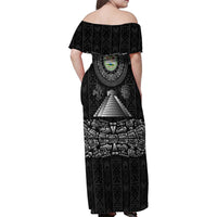 Belize Tribal Pattern Family Matching Off Shoulder Maxi Dress and Hawaiian Shirt with National Emblem and Mayan Pyramid Design