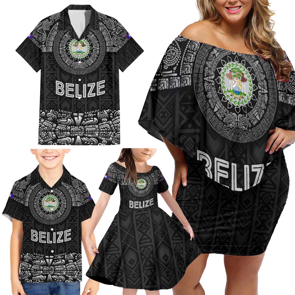 Belize Tribal Pattern Family Matching Off Shoulder Short Dress and Hawaiian Shirt with National Emblem and Mayan Pyramid Design