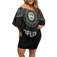 Belize Tribal Pattern Family Matching Off Shoulder Short Dress and Hawaiian Shirt with National Emblem and Mayan Pyramid Design