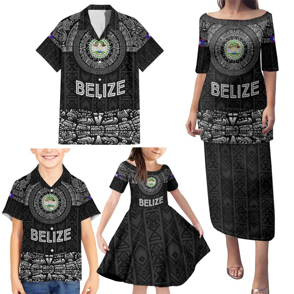 Belize Tribal Pattern Family Matching Puletasi and Hawaiian Shirt with National Emblem and Mayan Pyramid Design