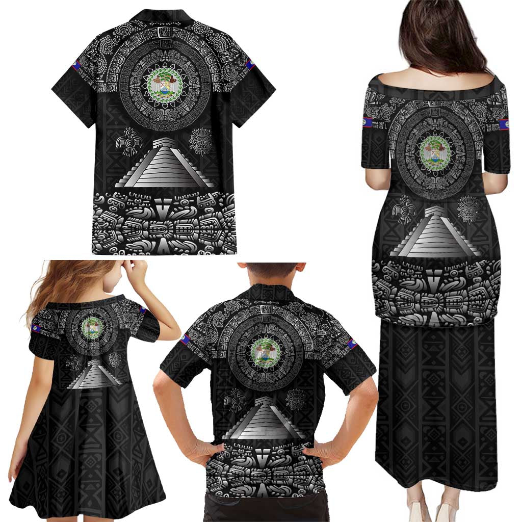 Belize Tribal Pattern Family Matching Puletasi and Hawaiian Shirt with National Emblem and Mayan Pyramid Design