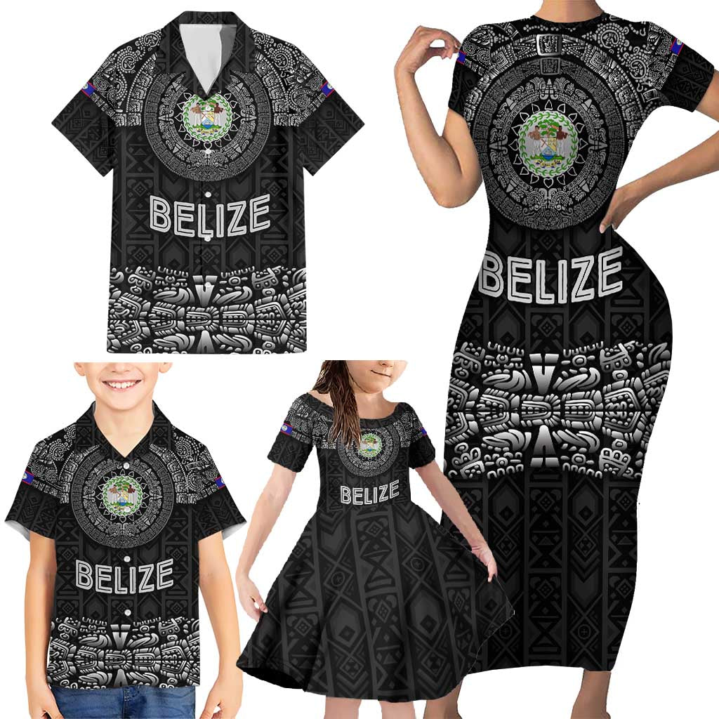Belize Tribal Pattern Family Matching Short Sleeve Bodycon Dress and Hawaiian Shirt with National Emblem and Mayan Pyramid Design
