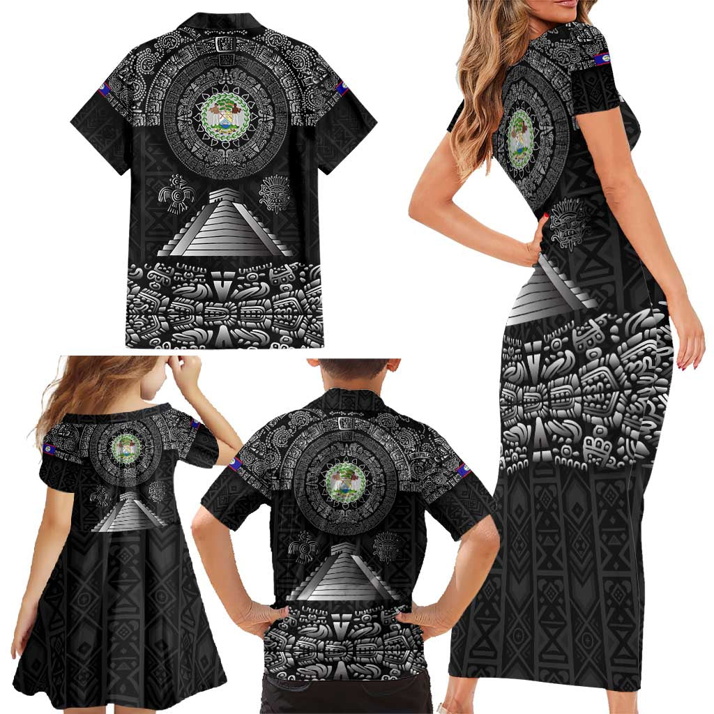 Belize Tribal Pattern Family Matching Short Sleeve Bodycon Dress and Hawaiian Shirt with National Emblem and Mayan Pyramid Design