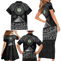 Belize Tribal Pattern Family Matching Short Sleeve Bodycon Dress and Hawaiian Shirt with National Emblem and Mayan Pyramid Design