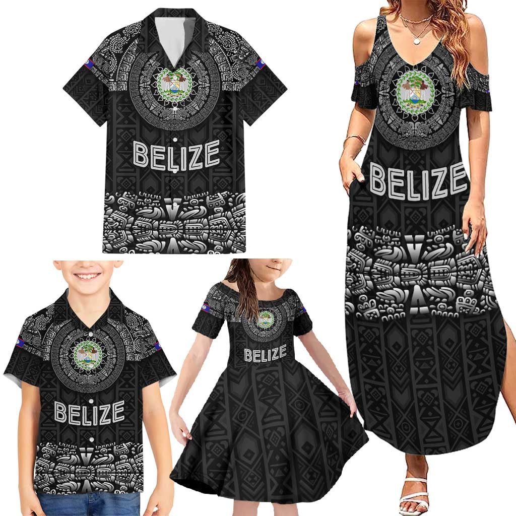 Belize Tribal Pattern Family Matching Summer Maxi Dress and Hawaiian Shirt with National Emblem and Mayan Pyramid Design