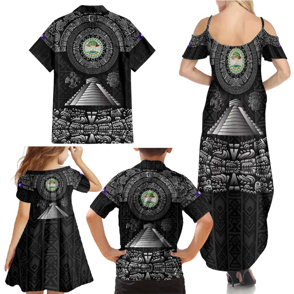 Belize Tribal Pattern Family Matching Summer Maxi Dress and Hawaiian Shirt with National Emblem and Mayan Pyramid Design