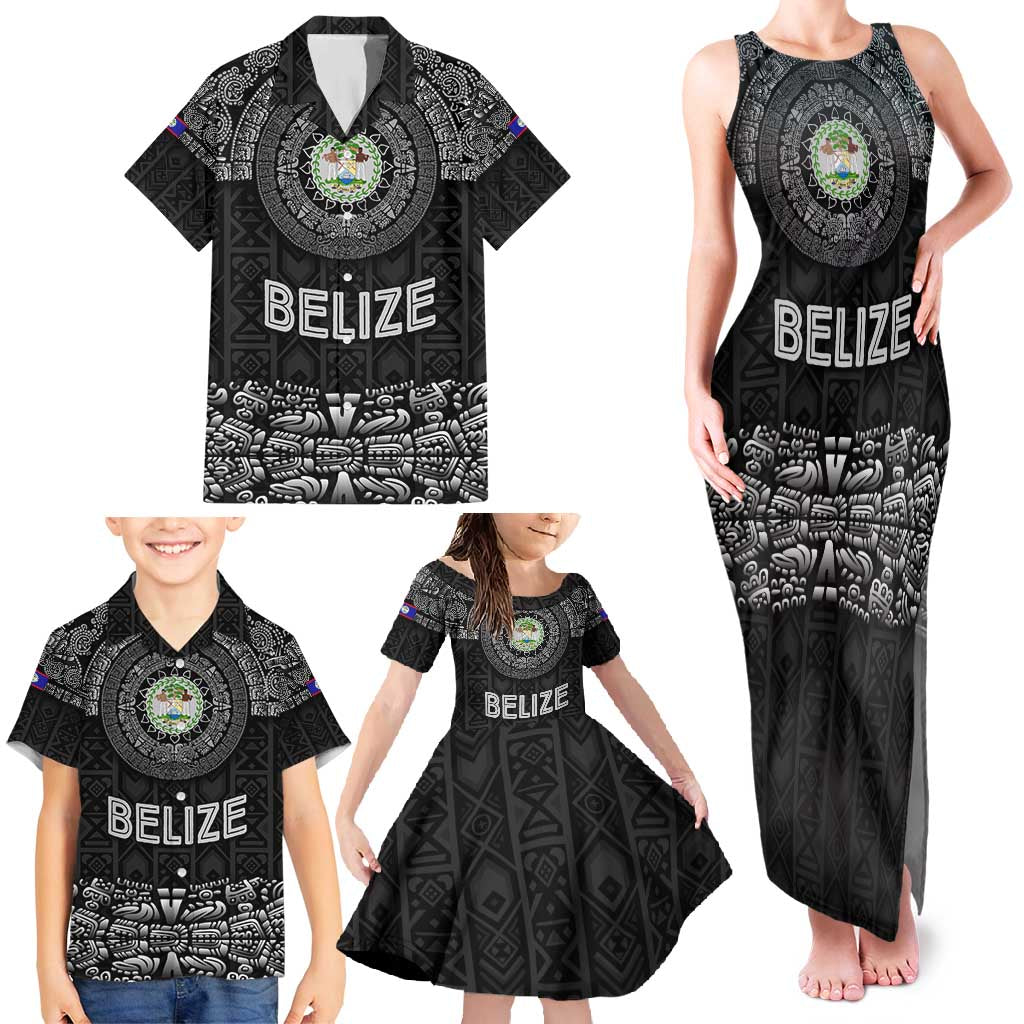 Belize Tribal Pattern Family Matching Tank Maxi Dress and Hawaiian Shirt with National Emblem and Mayan Pyramid Design