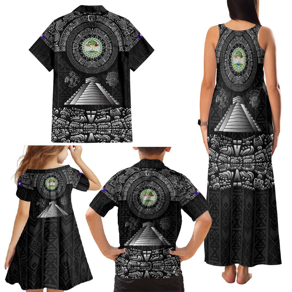 Belize Tribal Pattern Family Matching Tank Maxi Dress and Hawaiian Shirt with National Emblem and Mayan Pyramid Design