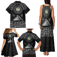 Belize Tribal Pattern Family Matching Tank Maxi Dress and Hawaiian Shirt with National Emblem and Mayan Pyramid Design