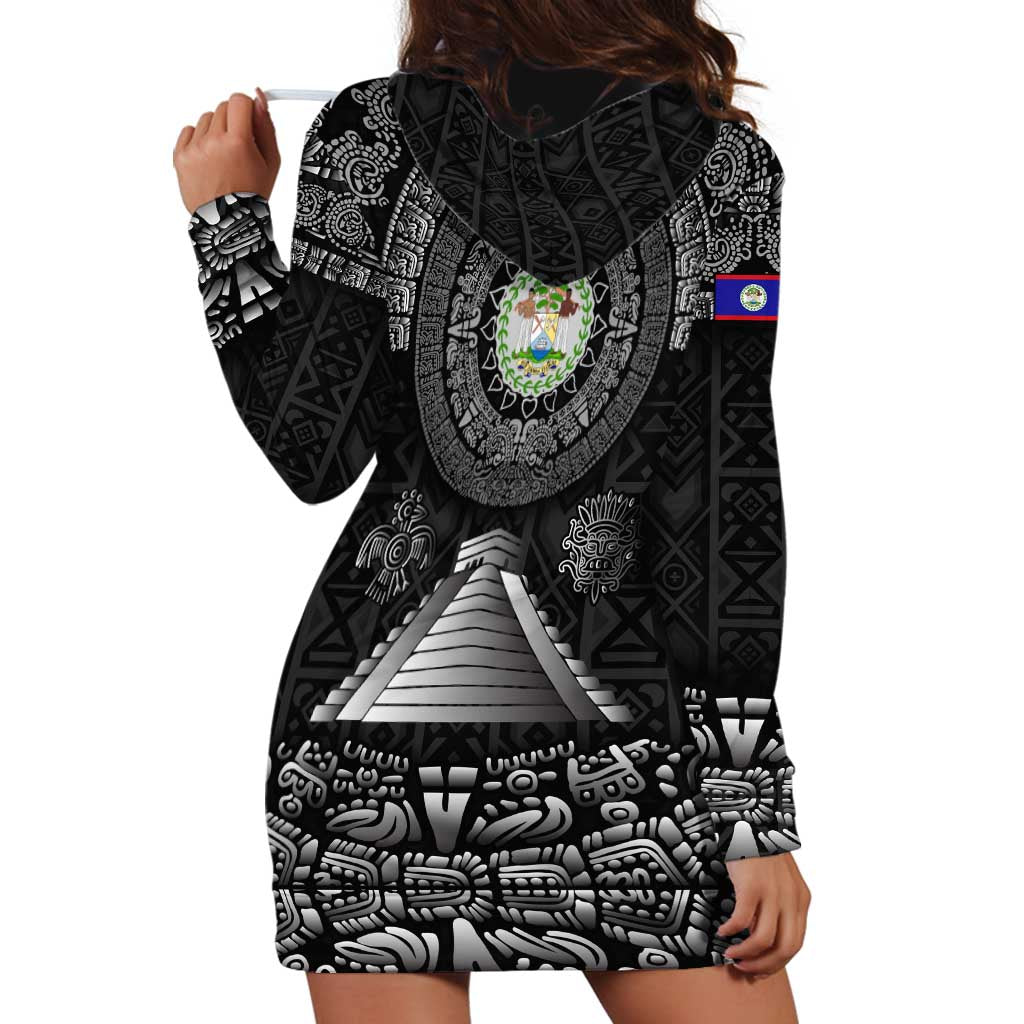Belize Tribal Pattern Hoodie Dress with National Emblem and Mayan Pyramid Design
