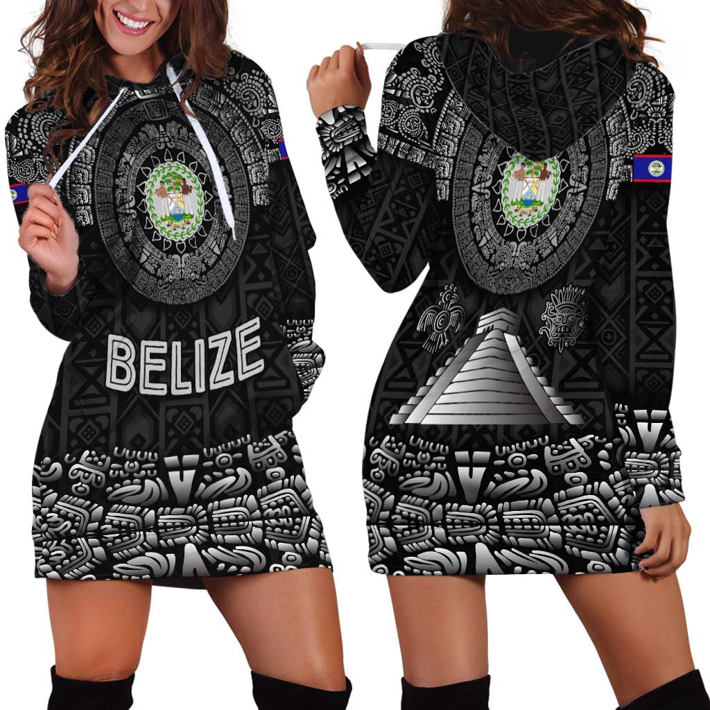 Belize Tribal Pattern Hoodie Dress with National Emblem and Mayan Pyramid Design