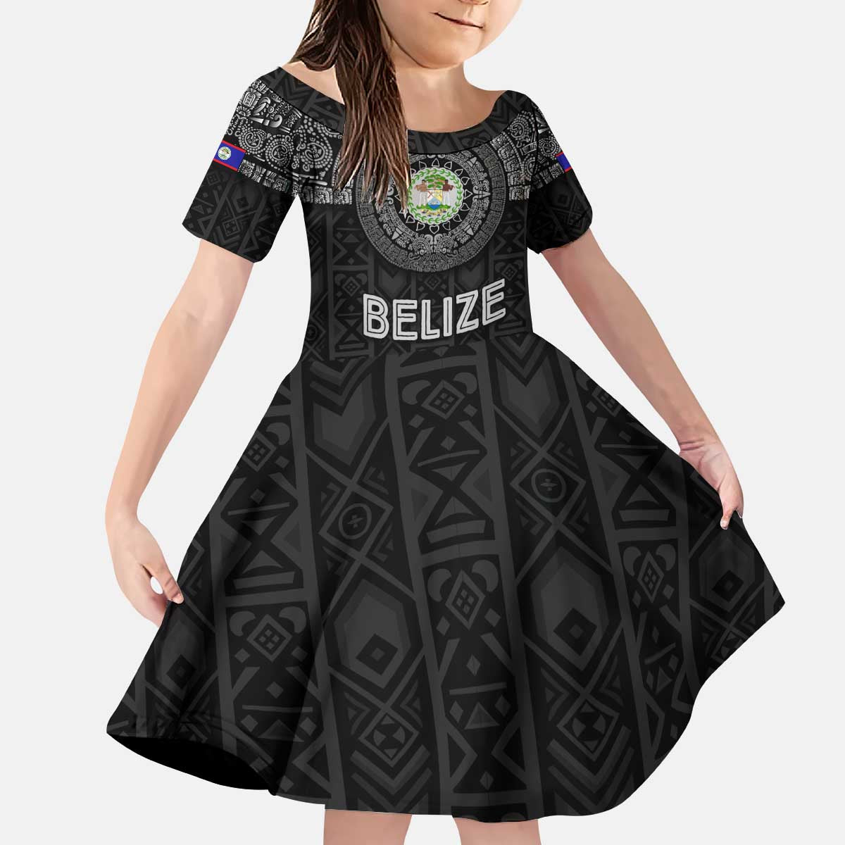 Belize Tribal Pattern Kid Short Sleeve Dress with National Emblem and Mayan Pyramid Design