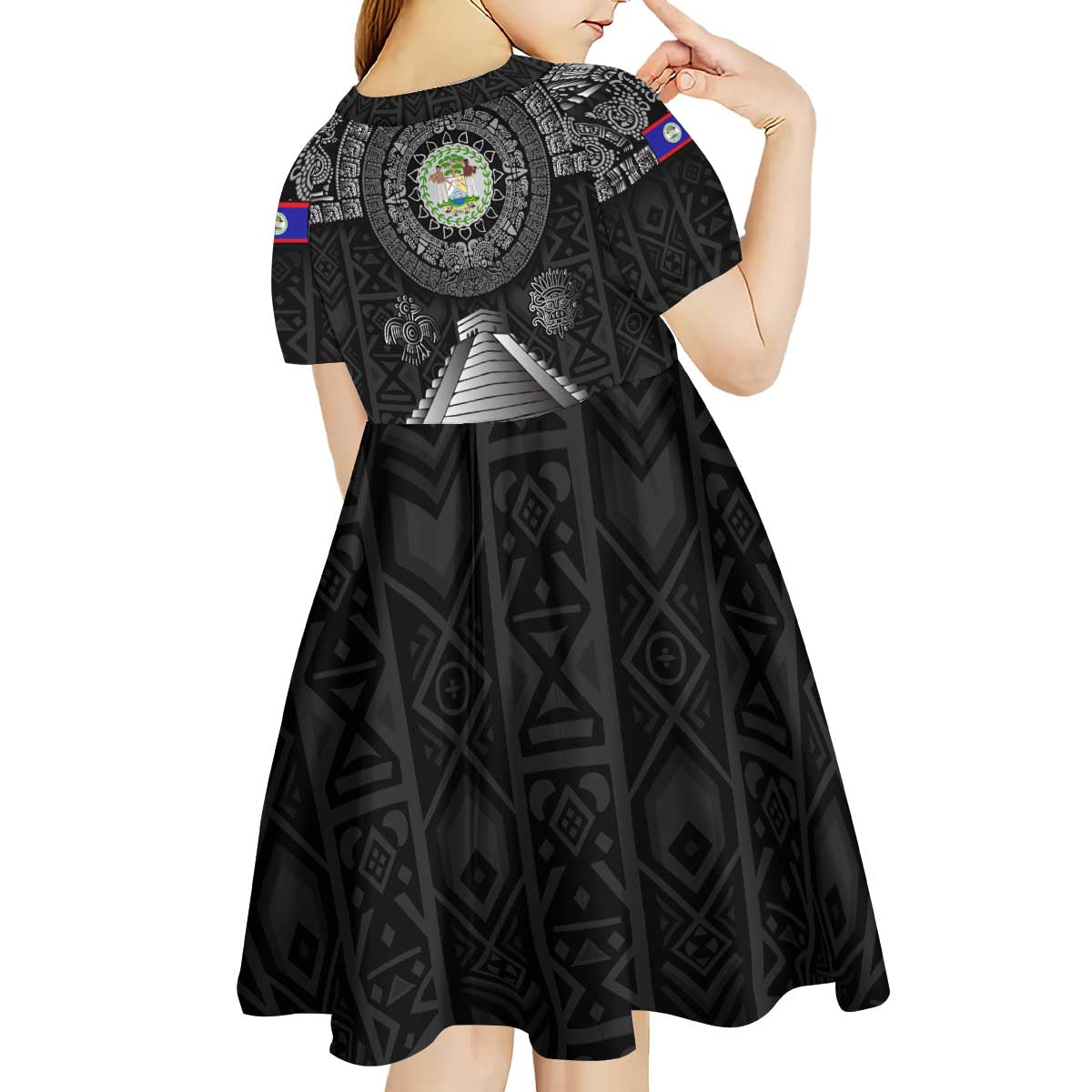 Belize Tribal Pattern Kid Short Sleeve Dress with National Emblem and Mayan Pyramid Design