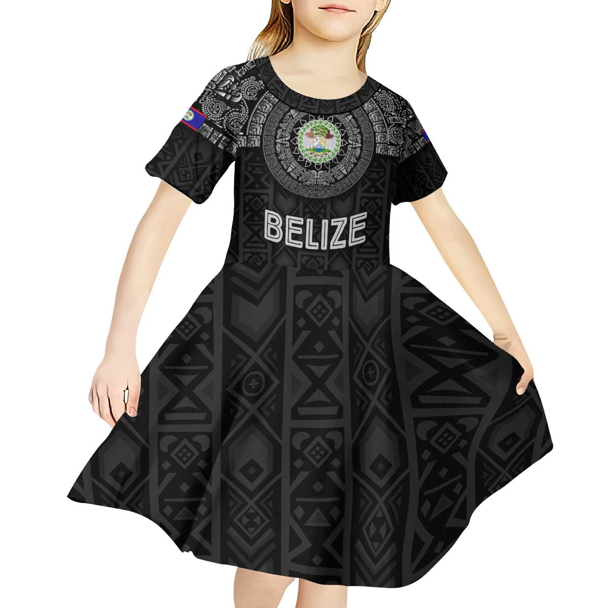 Belize Tribal Pattern Kid Short Sleeve Dress with National Emblem and Mayan Pyramid Design