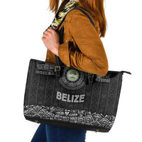 Belize Tribal Pattern Leather Tote Bag with National Emblem and Mayan Pyramid Design