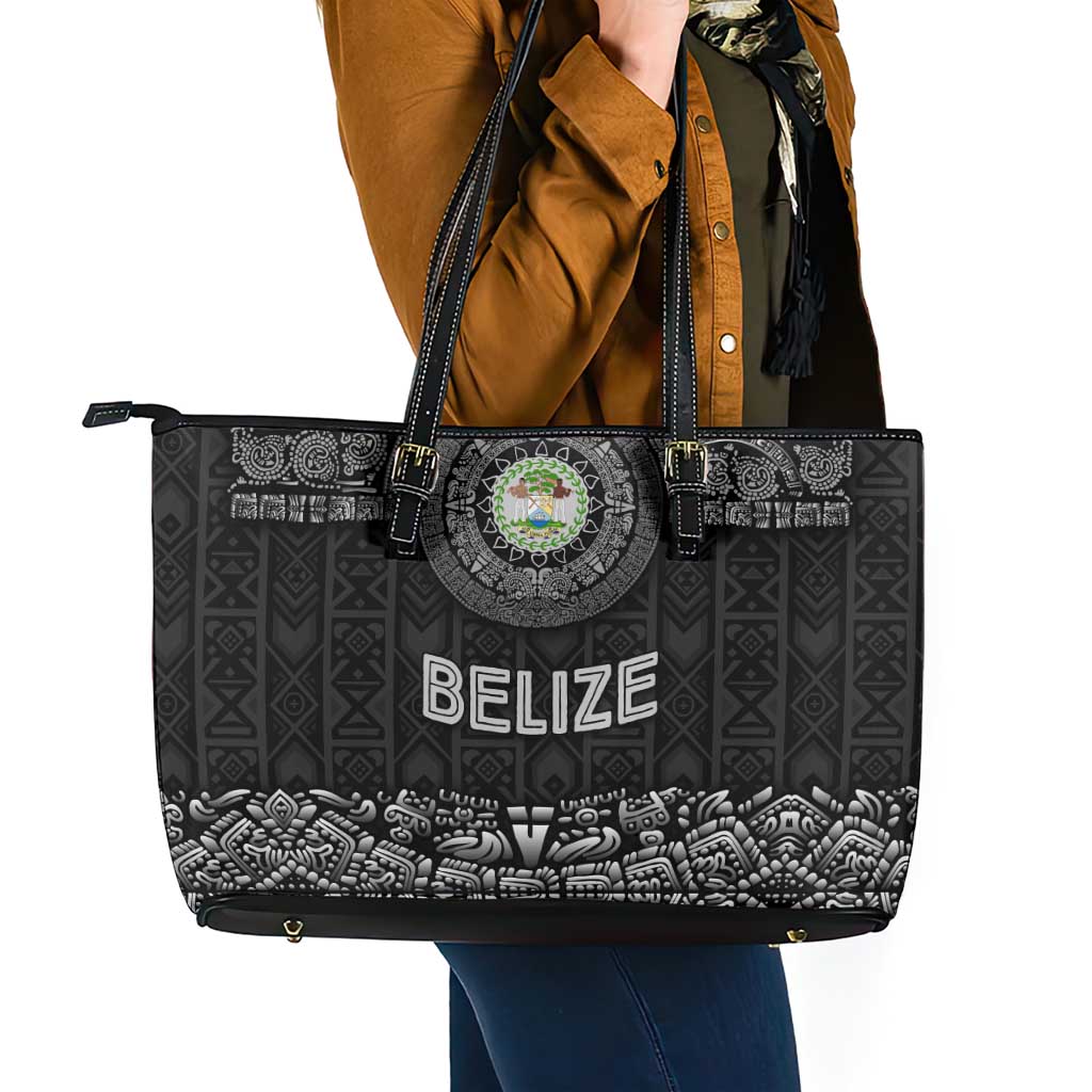 Belize Tribal Pattern Leather Tote Bag with National Emblem and Mayan Pyramid Design