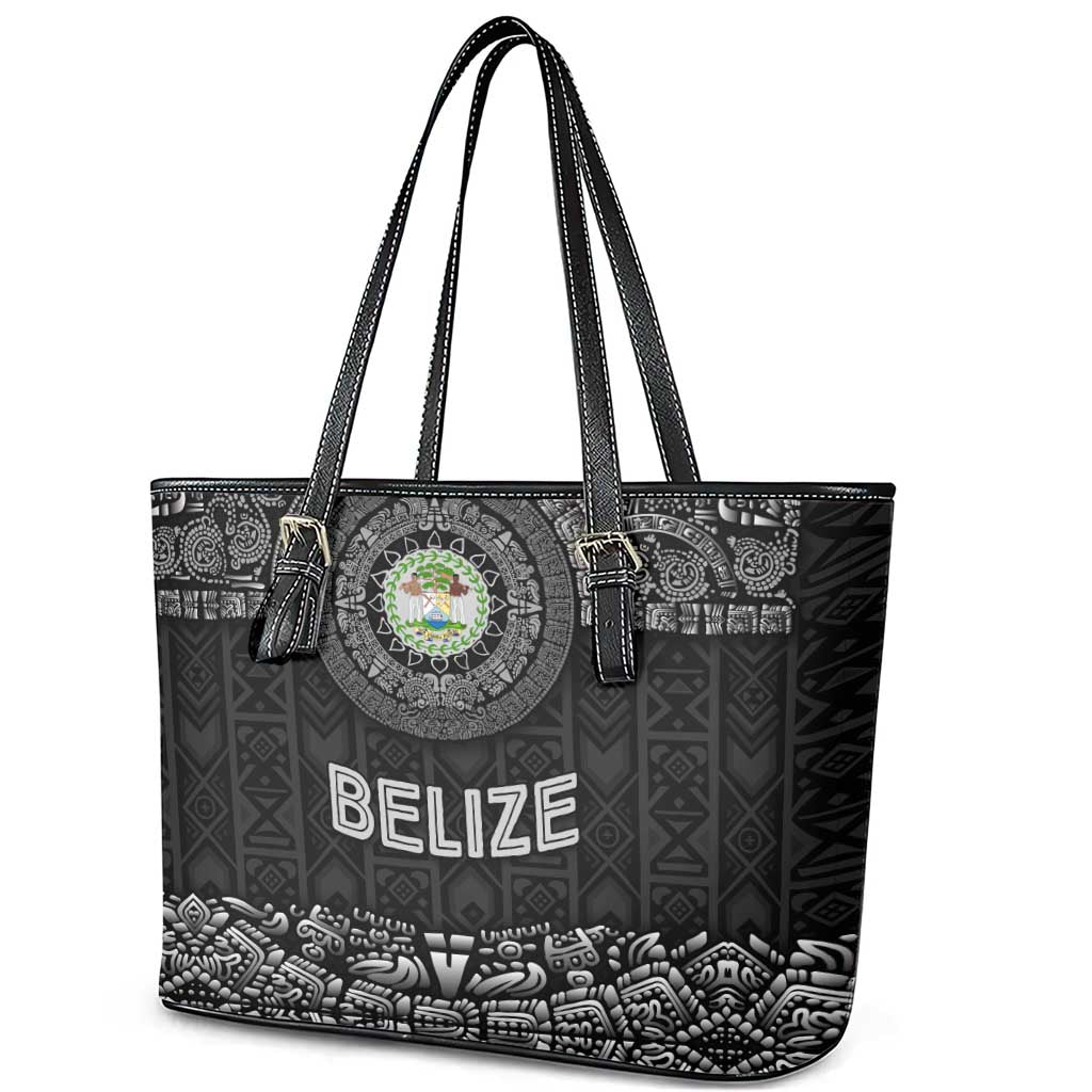 Belize Tribal Pattern Leather Tote Bag with National Emblem and Mayan Pyramid Design
