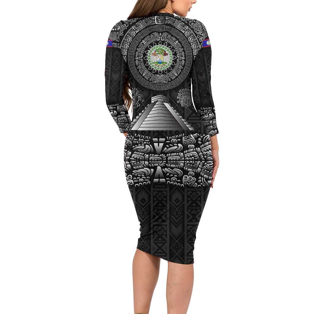 Belize Tribal Pattern Long Sleeve Bodycon Dress with National Emblem and Mayan Pyramid Design