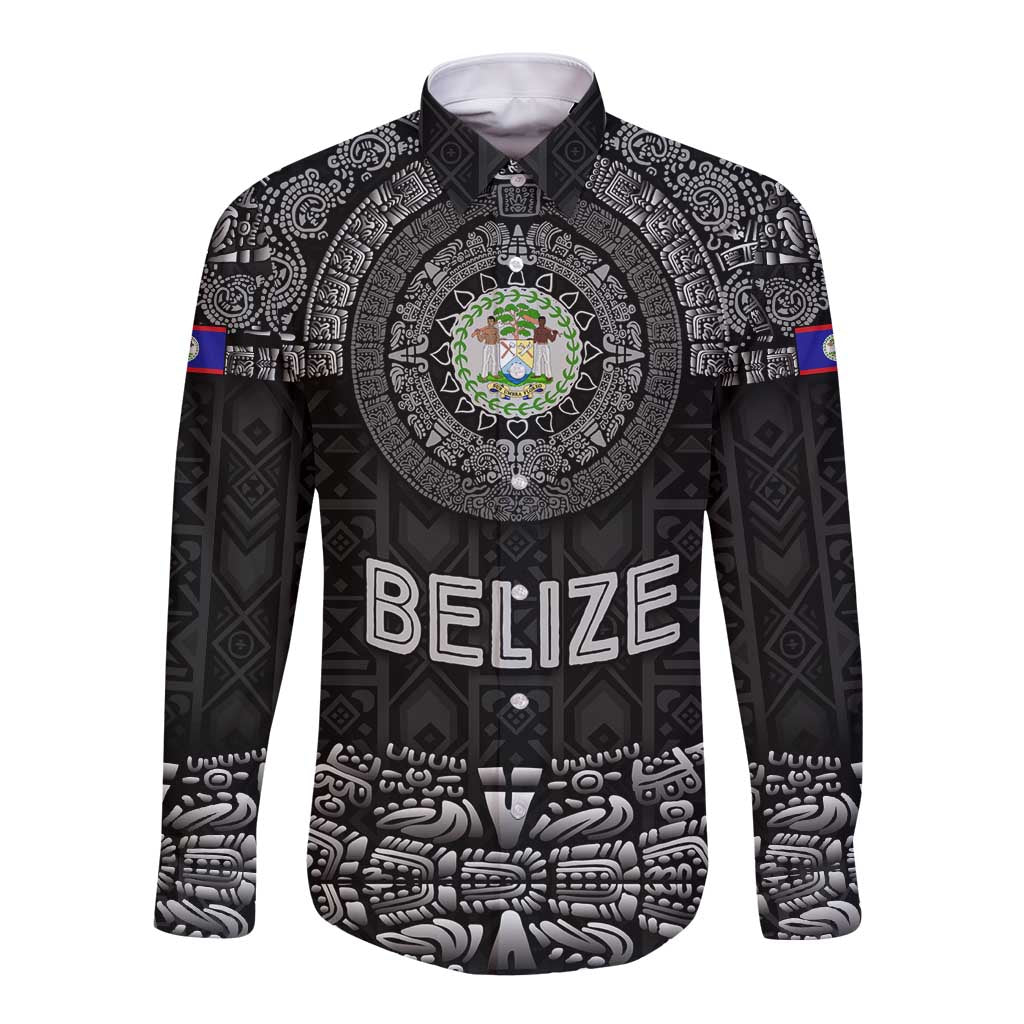 Belize Tribal Pattern Long Sleeve Button Shirt with National Emblem and Mayan Pyramid Design