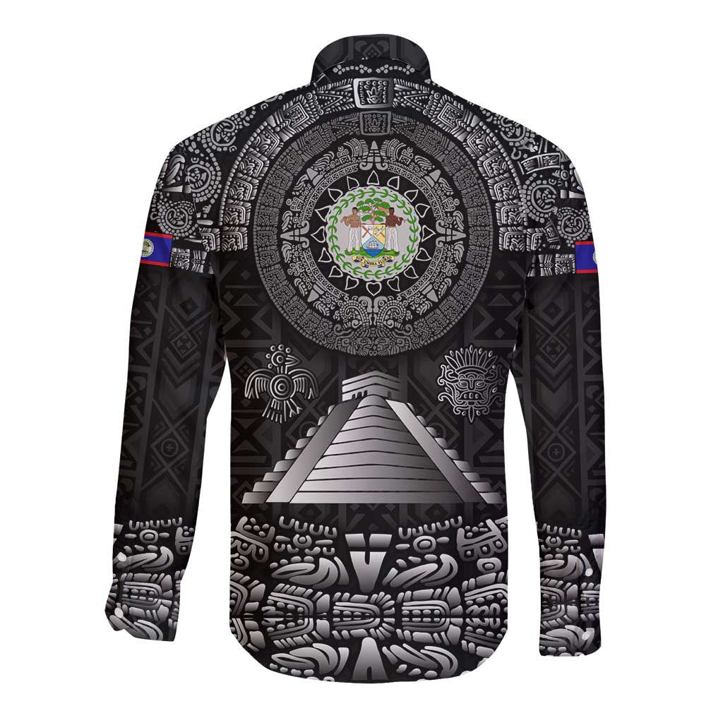 Belize Tribal Pattern Long Sleeve Button Shirt with National Emblem and Mayan Pyramid Design